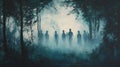 Ghostly figures emerging from the fog in the forest.. Royalty Free Stock Photo