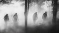 Ghostly figures emerging from the fog in the forest.. Royalty Free Stock Photo