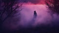 Ghostly Girl In Purple Fog: A Hauntingly Beautiful Sunrise On A Dark Field