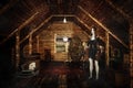 Ghostly girl stands in creepy attic holding knife in hand covered in blood. Halloween horror story concept 3D illustration
