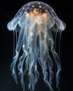 The ghostly glow of a jellyfish deep underwater