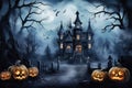 Ghostly Halloween House with Pumpkins. Royalty Free Stock Photo