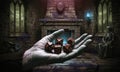 A ghostly hand with long, sharp nails holding halloween polyhedral game dice in a dark, mysterious fantasy dungeon setting. Royalty Free Stock Photo