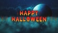 Ghostly Happy Halloween Text On Dark Blue Spooky Night Clouds Moon and Cloudy Hazy Nebula Starry Night Sky Royalty Free Stock Photo