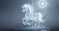 Ghostly horse figure in a misty forest with a glowing orb above. Royalty Free Stock Photo