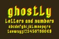 Ghostly letters and numbers with currency signs. Yellow vibrating font. Isolated english alphabet