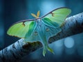 A Ghostly Luna Moth on a Birch Tree in the Moonlight Generative AI.jpeg Royalty Free Stock Photo