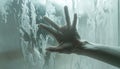 A ghostly outstretched hand presses against a heavily condensed and frosted glass surface creating a dramatic visual texture of Royalty Free Stock Photo