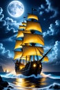 A ghostly pirate ship sailing on a stunning sea, in a night with full moon, starry sky, gentle waves, horor athmosphere, fantasy Royalty Free Stock Photo