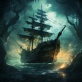 Ghostly pirate ship spectral crew, moonlit seas, tattered sails, haunted ambiance