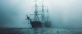 A ghostly sailing pirate ship emerges from a dense fog on the open sea, creating a mysterious and eerie maritime scene.