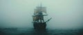 A ghostly sailing pirate ship emerges from a dense fog on the open sea, creating a mysterious and eerie maritime scene.