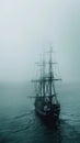 A ghostly sailing pirate ship emerges from a dense fog on the open sea, creating a mysterious and eerie maritime scene.