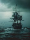 A ghostly sailing pirate ship emerges from a dense fog on the open sea, creating a mysterious and eerie maritime scene.