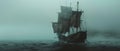 A ghostly sailing pirate ship emerges from a dense fog on the open sea, creating a mysterious and eerie maritime scene.