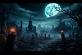 Ghostly setting Halloween wallpaper showcases a nighttime cemetery, invoking a chilling atmosphere