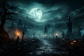 Ghostly setting Halloween wallpaper showcases a nighttime cemetery, invoking a chilling atmosphere