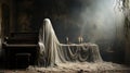 Ghostly shrouded figure covered in sheer garment standing next to an old dusty piano in an abandoned house -