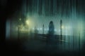 A ghostly transparent woman. Standing in a park. On an atmospheric winters night. With a grunge, blurred vintage edit Royalty Free Stock Photo