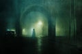 A ghostly transparent woman. Standing underneath an arch of a bridge. On an atmospheric winters night in town. With a grunge, Royalty Free Stock Photo