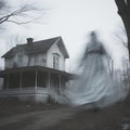 a ghostly woman in a white dress is walking in front of an old house