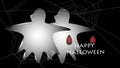 Ghosts on black background with spiderweb and happy halloween letters