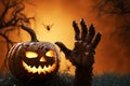 Ghoulish 3D rendered pumpkin with zombie hand rising for a scary vibe Royalty Free Stock Photo