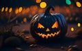 Ghoulish Delight, Closeup of a Spooky Face Carved on a Halloween Pumpkin