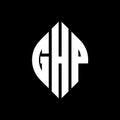 GHP circle letter logo design with circle and ellipse shape. GHP ellipse letters with typographic style. The three initials form a