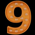 Light bulb digit alphabet character 9 nine font. Front view illuminated number 1 symbol on black background. 3d render.