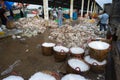 An Giang, Vietnam - Dec 6, 2016: Caught fishes with workers working at Tac Cau fishing port at dawn, Me Kong delta province of Royalty Free Stock Photo