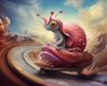 Giant alien snail riding a skateboard through a dreamy landscape. Surreal, dreamlike art style