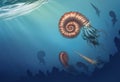 Giant ammonite and cameroceras on a white background. Giant ancient mollusks of the Cretaceous period. Realistic illustration of