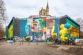 Giant anti sexual harassment graffiti on entire side of disued building near Castle Park in the centre of Bristol, UK