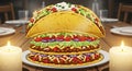A giant, appetizing taco tower served for a special dinner, complete with candles Royalty Free Stock Photo