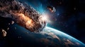 A giant asteroid moving on a collision course with the Earth against the backdrop of an endless starry night sky. Royalty Free Stock Photo