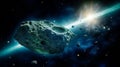 A giant asteroid moving on a collision course with the Earth against the backdrop of an endless starry night sky. Royalty Free Stock Photo