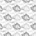 Giant Atlantic Murex. Seamless pattern of Hexaplex Fulvescens and calligraphy. Hand-drawn collection of seashells. Vector.