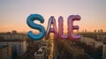 Giant Balloon Letters Announcing Sale Above Cityscape at Sunset