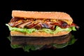 Giant BBQ Rib Sandwich with salad leaf and French mustard in baguette. isolated on a black background Royalty Free Stock Photo