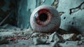 Giant bloodshot eyeball on a gritty surface