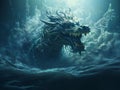 a giant blue dragon floating in the ocean with huge teeth