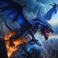 A giant blue Dragon spit fire on the city Royalty Free Stock Photo