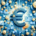 Giant blue euro symbol with various connections to the digital world, on a blue background