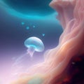 Generative AI: giant blue fantasy jellyfish against a dream sea blue background