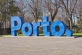 Giant blue letters PORTO is city symbol installed in Crystal Palace Gardens