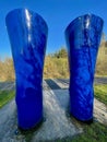Giant blue wellington boots sculpture at The Land of the Giants, Clare Lake, Claremorris