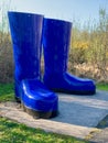 Giant blue wellington boots sculpture at The Land of the Giants, Clare Lake, Claremorris