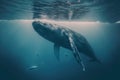 Giant blue whale floating underwater in ocean going up to take big breath. Generative AI Royalty Free Stock Photo