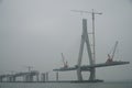 giant bridge is under construction, across the ocean, in Zhuhai city, China.